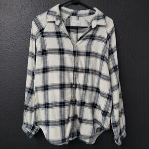American Eagle Black White Plaid Flannel Button Up Bubble Sleeve Womens Medium